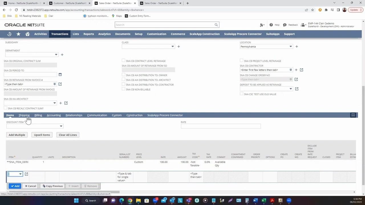 Shipping and Billing subtabs visible, ready for additional information entry