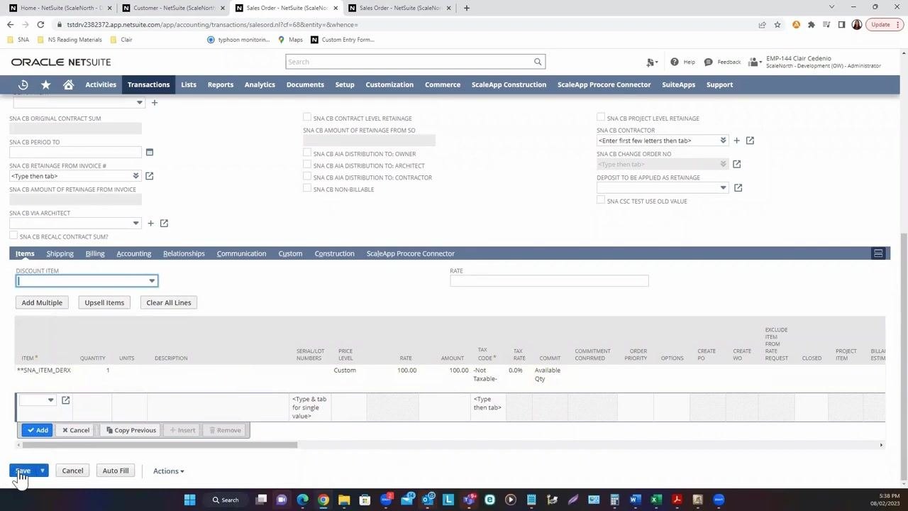 Save button highlighted at the bottom of the sales order entry screen
