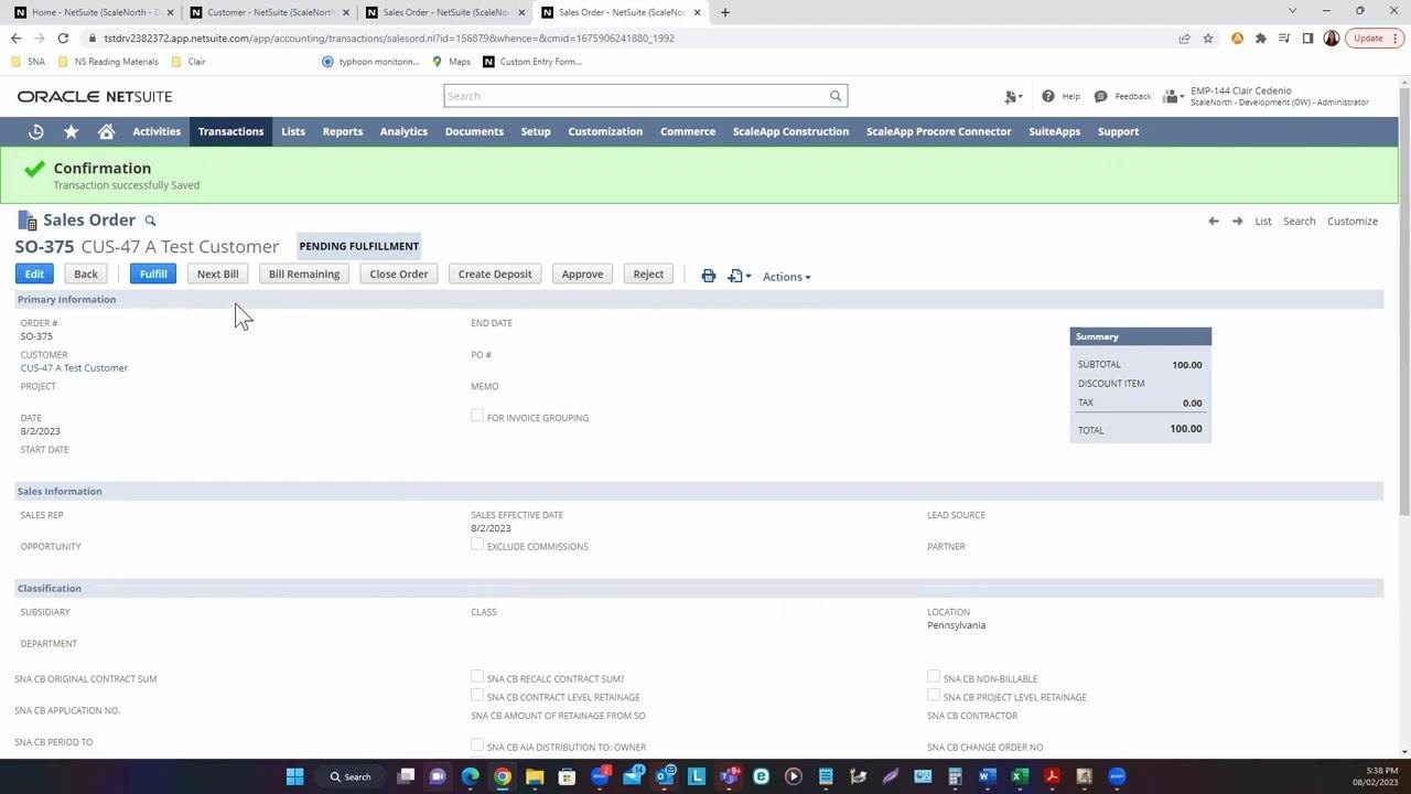 Sales Order screen with Next Bill and Bill Remaining buttons visible, cursor pointing to Next Bill, and order summary shown