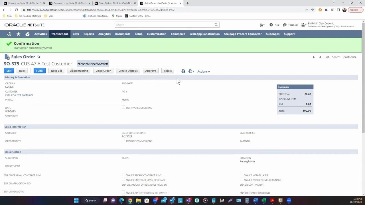 Sales Order screen with Approve and Reject buttons visible, cursor pointing to Reject, and all order details shown