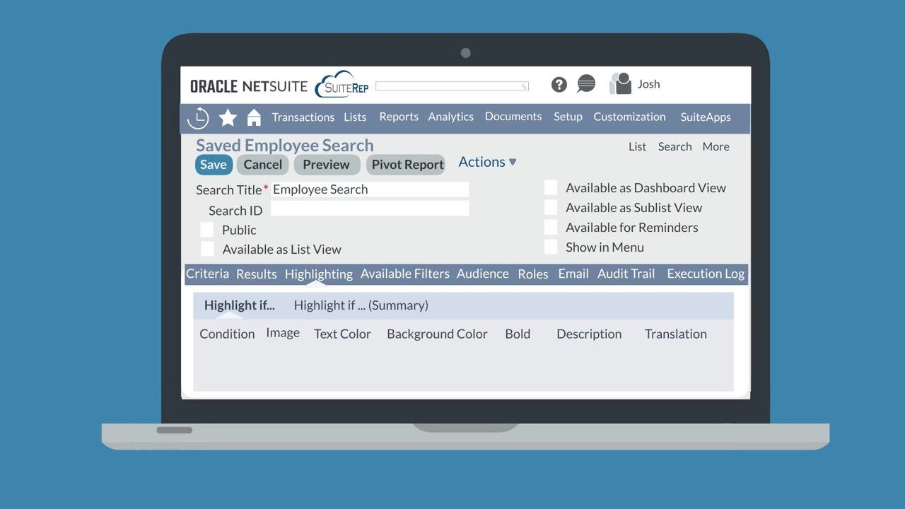 Saved Employee Search screen with the Highlighting subtab open, showing options for Condition, Image, Text Color, Background Color, Bold, Description, and Translation
