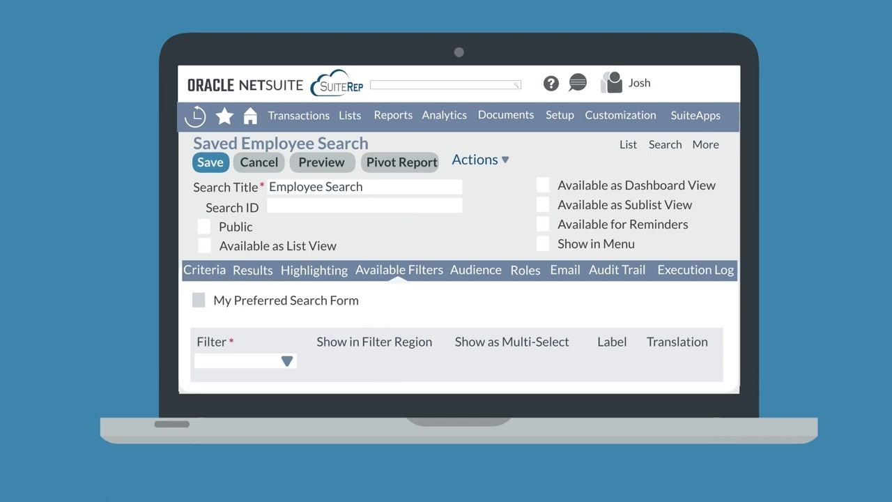 Saved Employee Search screen with the Available Filters subtab open, showing filter configuration options