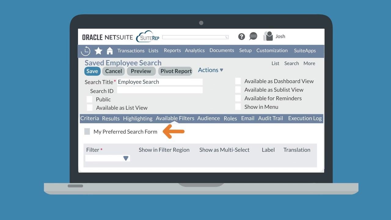 Saved Employee Search screen with the "My Preferred Search Form" checkbox highlighted in the Available Filters subtab