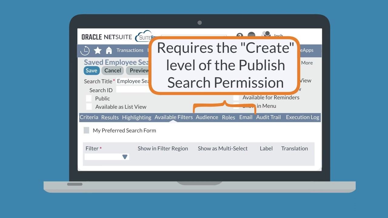 Saved Employee Search screen with a callout: "Requires the 'Create' level of the Publish Search Permission" above the Audience, Roles, and Email subtabs