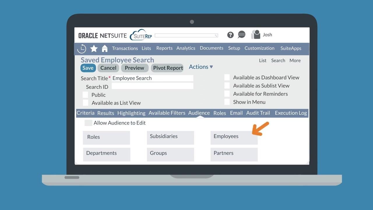 Saved Employee Search screen with the Audience subtab open, showing options for Employees, Subsidiaries, Groups, and the Allow Audience to Edit checkbox