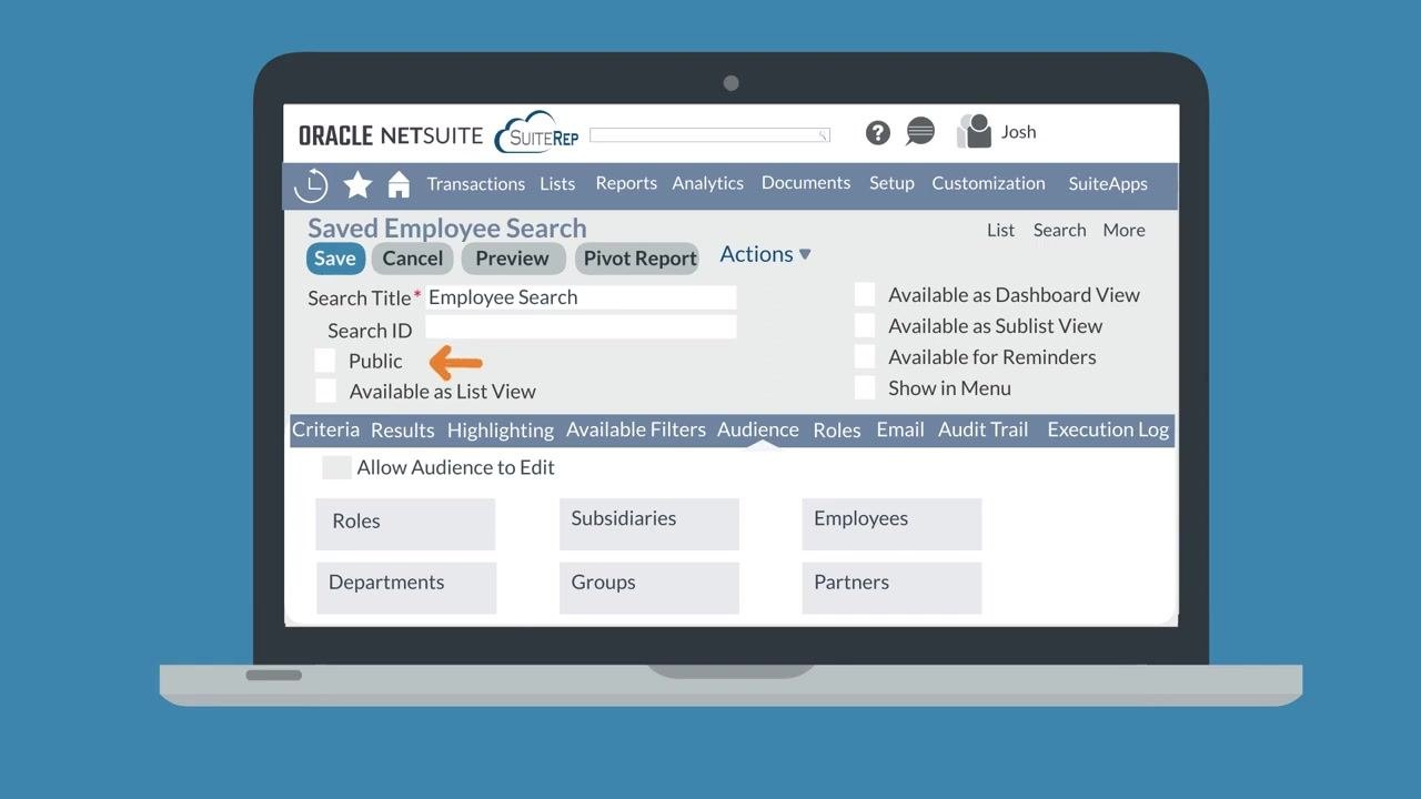 Saved Employee Search screen with the Public checkbox highlighted in the top field group