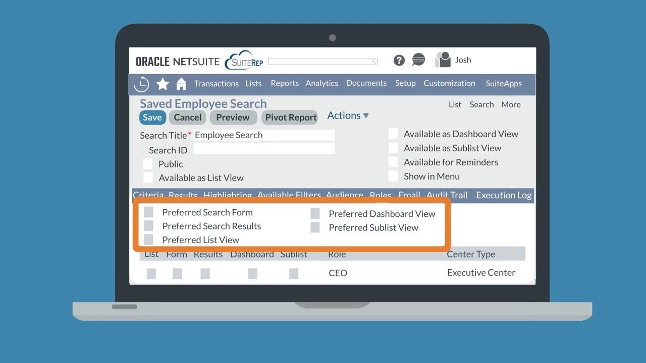 Saved Employee Search screen with the Roles subtab active, showing checkboxes for Preferred Search Form, Preferred Search Results, Preferred List View, Preferred Dashboard View, and Preferred Sublist View, with role-specific settings for CEO and Executive Center visible