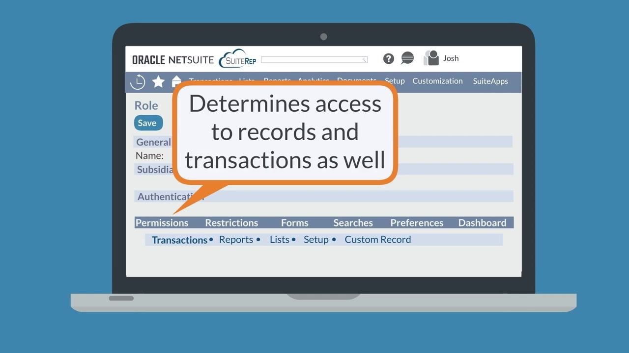 NetSuite role record screen with a speech bubble reading "Determines access to records and transactions as well"