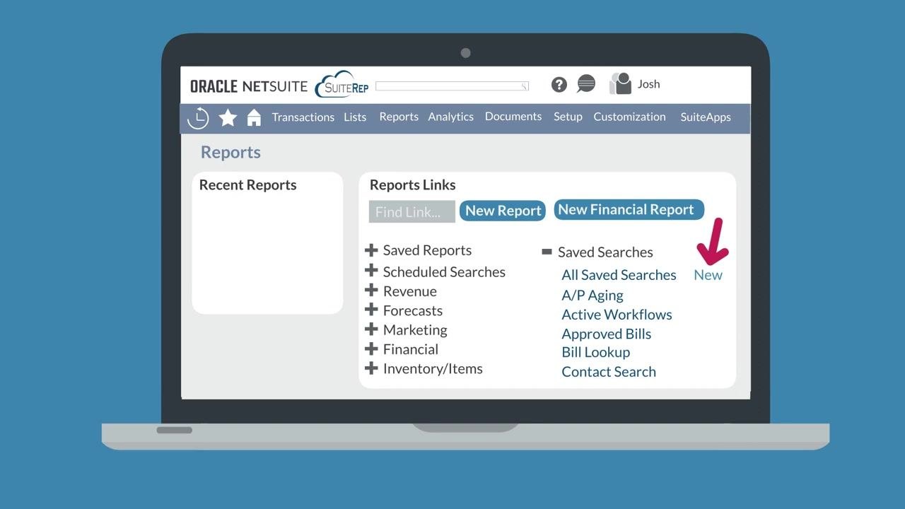 NetSuite Reports dashboard with the "All Saved Searches" and "New" link highlighted under Saved Searches