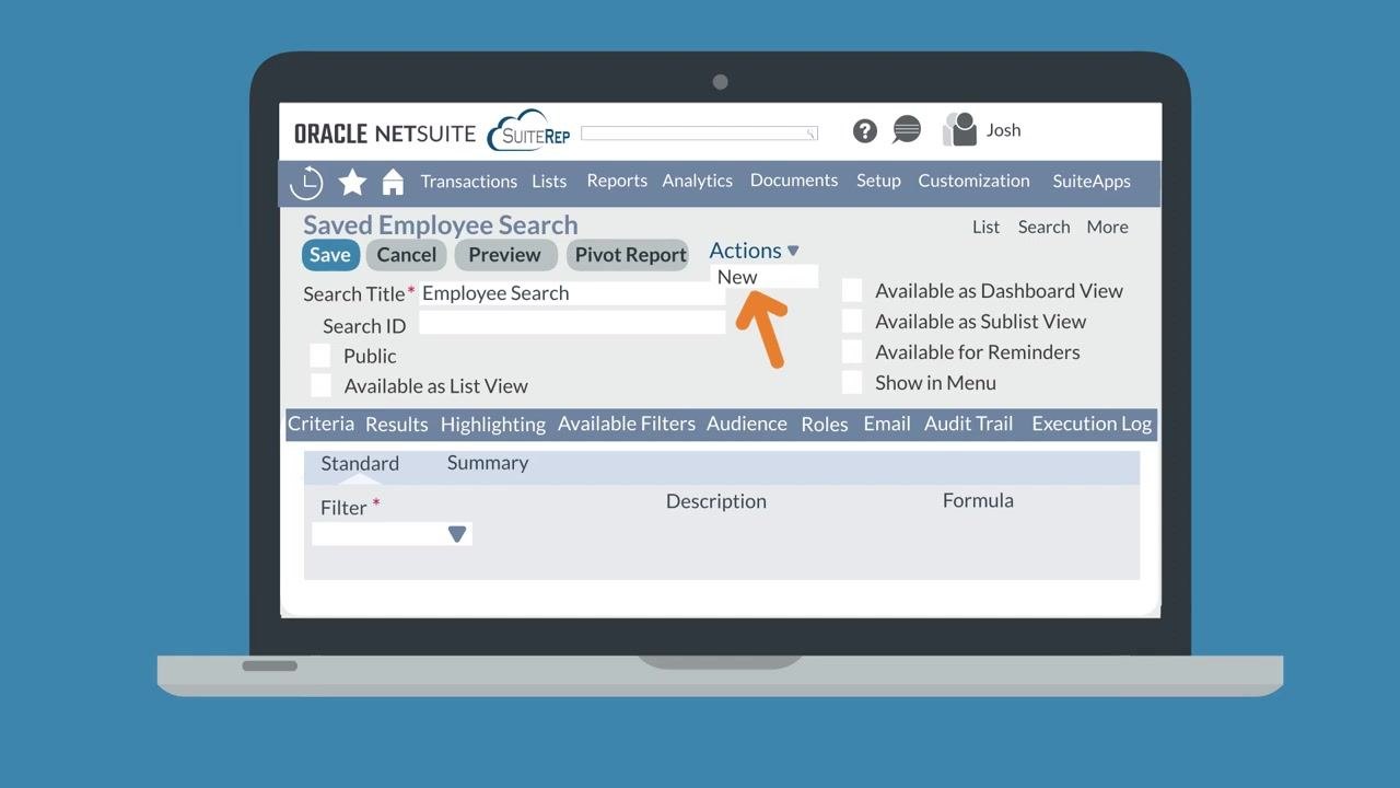 Saved Employee Search screen with the "Actions" dropdown and "New" option highlighted