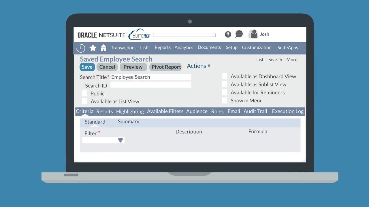 Saved Employee Search screen showing the Criteria subtab and filter options