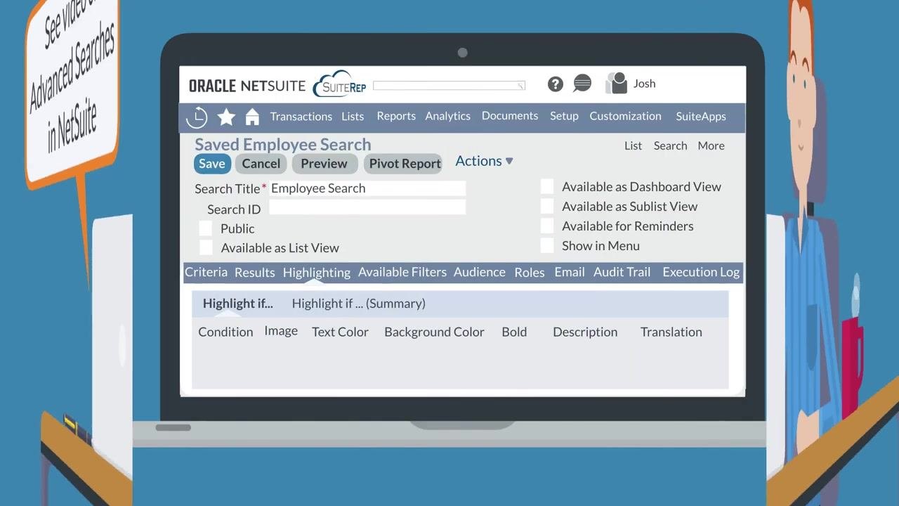 Saved Employee Search screen with the Results subtab open, showing sorting and column options