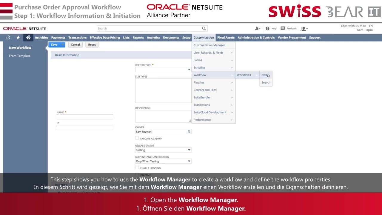 Intro screen with text: "This video shows how to use NetSuite’s Workflow Manager," and "The goal is to show you the workflow functionality and insights that will help you to design your own workflows." SWISS BEAR IT logo present.