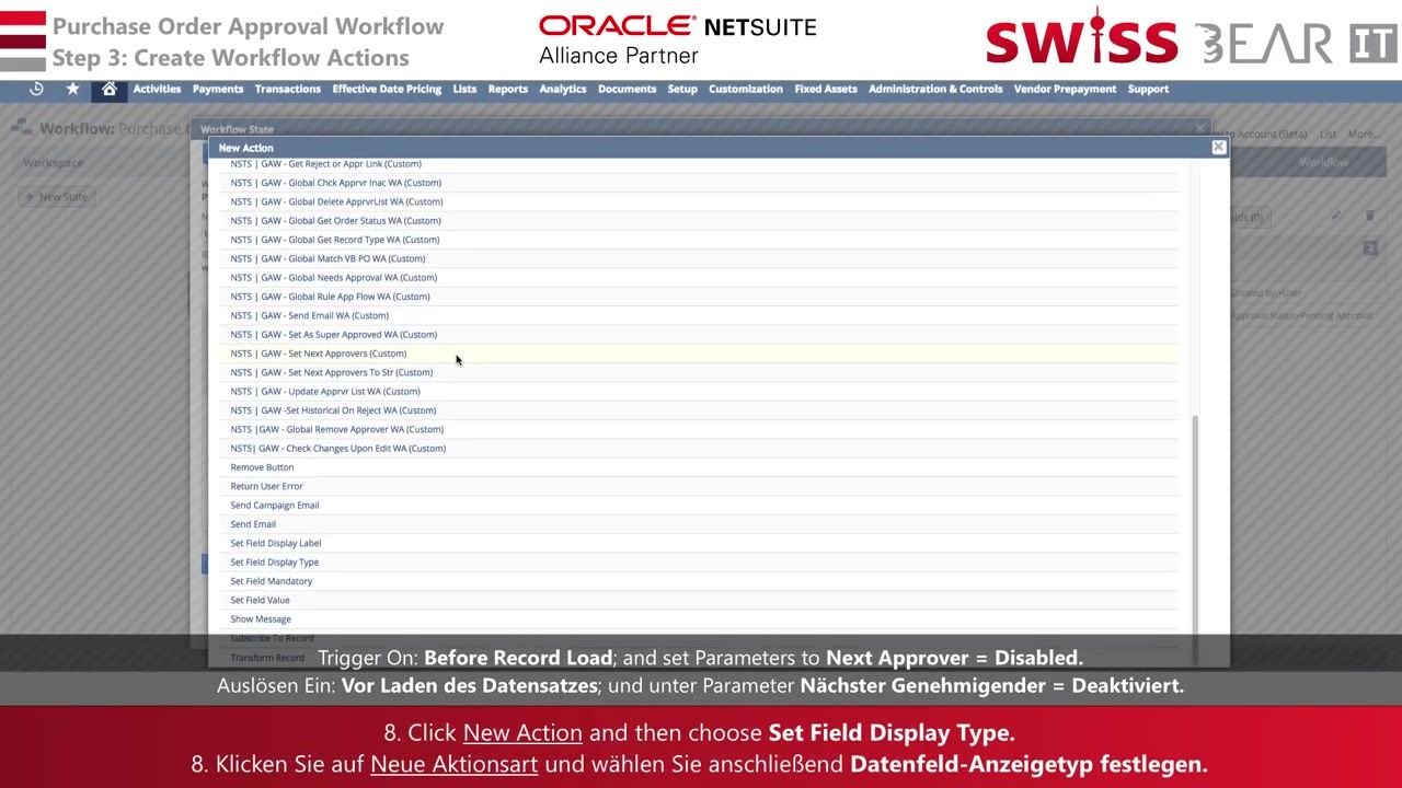 Workflow Action window with the Next Approver field selected and the Display Type dropdown visible.
