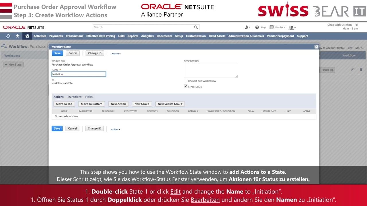 Workflow State window open, with the Name changed to Initiation and the Actions tab selected showing no actions yet.