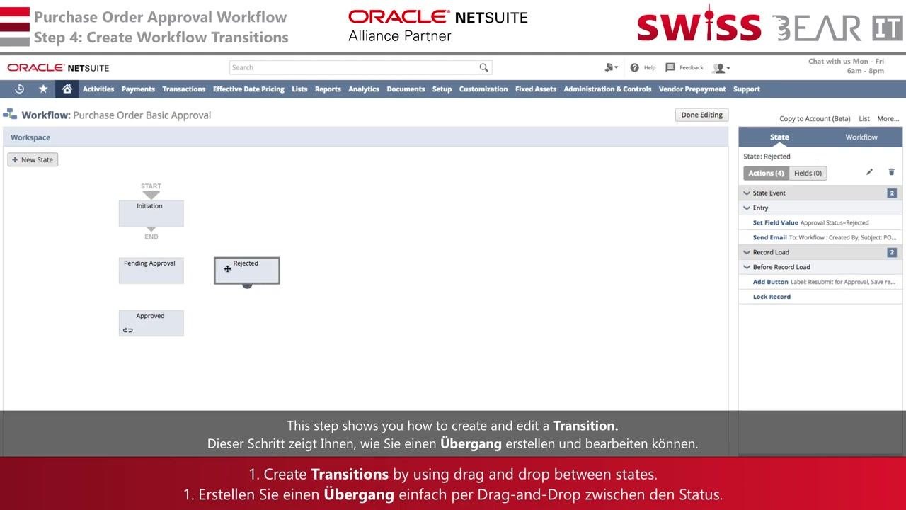 Workflow workspace showing the state diagram with Initiation, Pending Approval, Rejected, and Approved states.