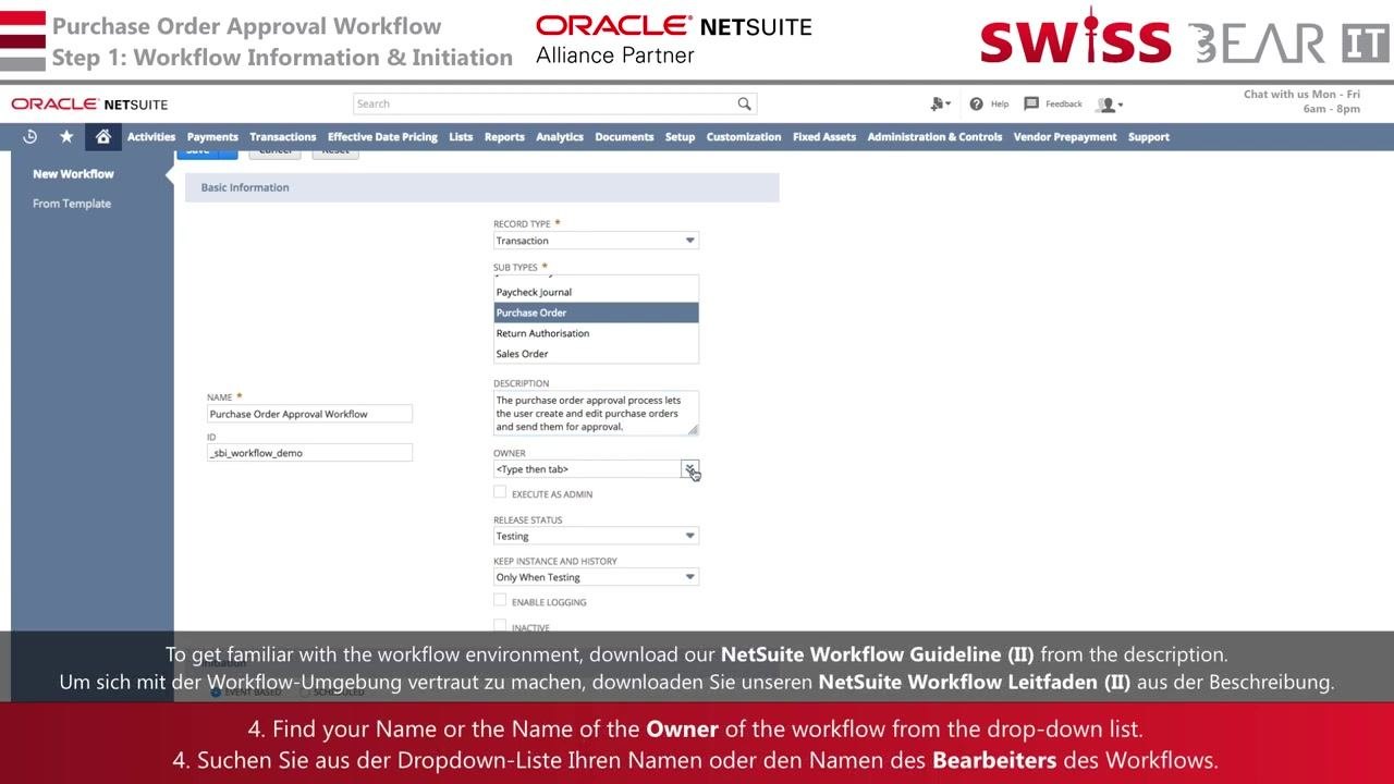 Workflow creation screen with the Owner field selected and filled in.