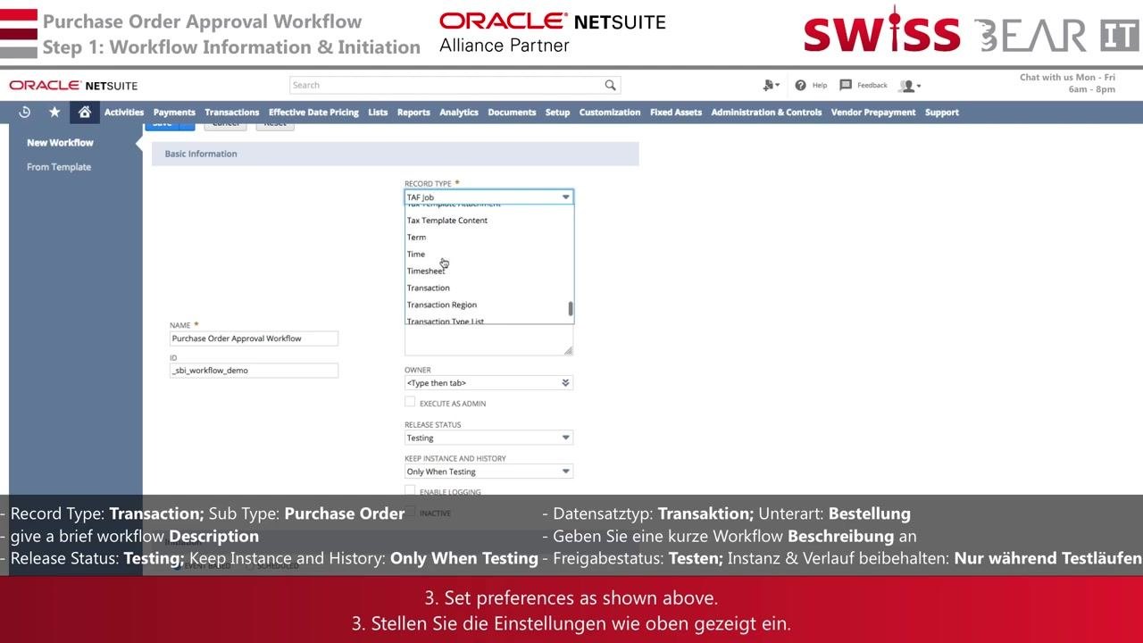 NetSuite Workflow Manager screen with the navigation path highlighted: Customization > Workflow > Workflows > New.