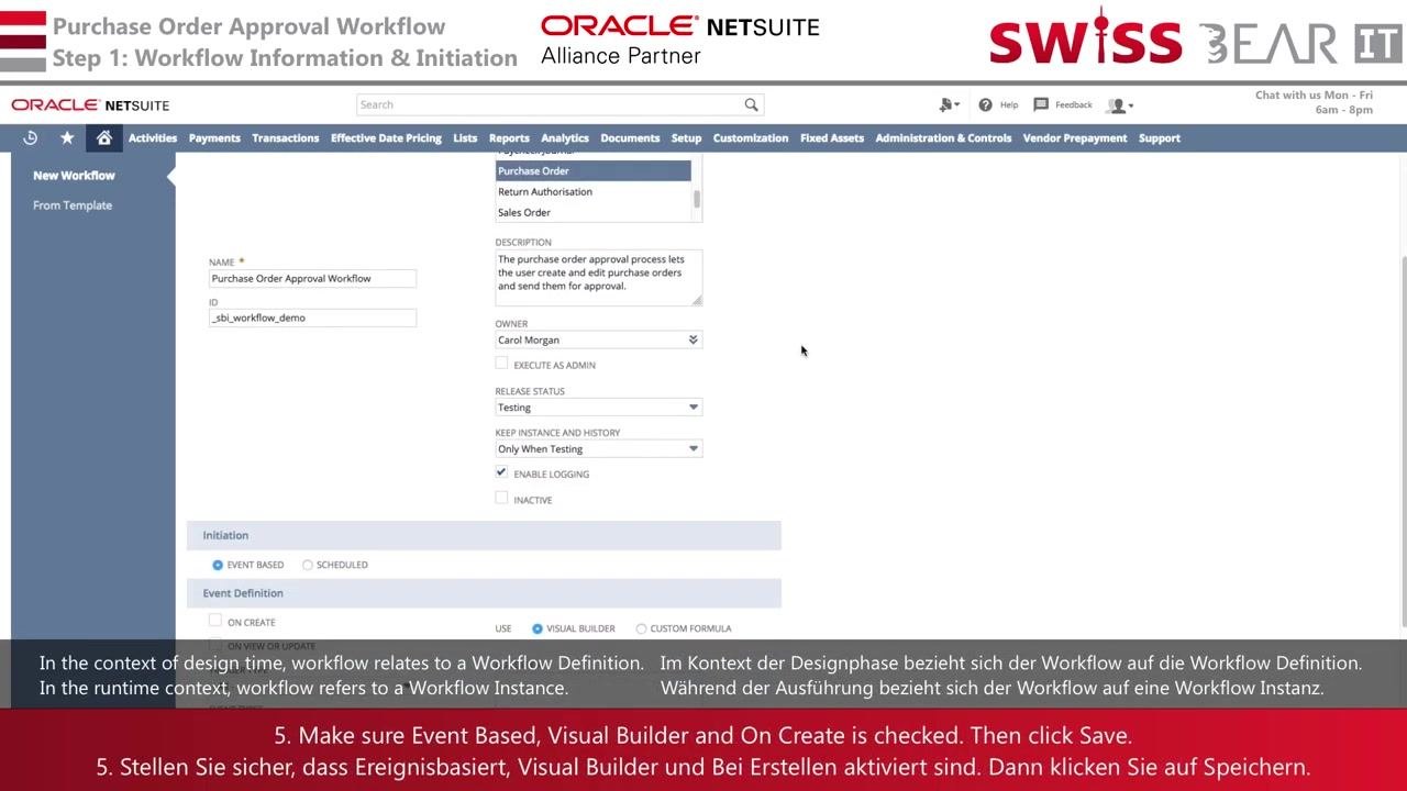 Workflow creation screen with all property fields filled in, including Record Type, Sub Type, Name, ID, Description, Release Status, and Keep Instance and History.