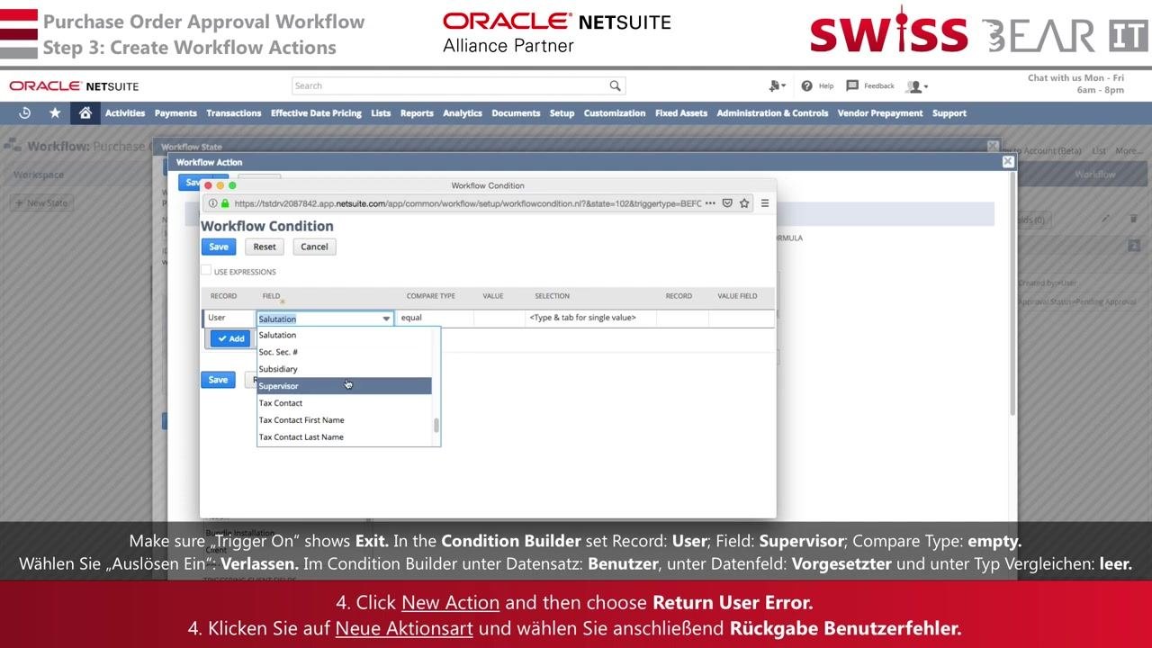 Workflow Condition window with Record set to User and the Field dropdown expanded showing Supervisor highlighted.