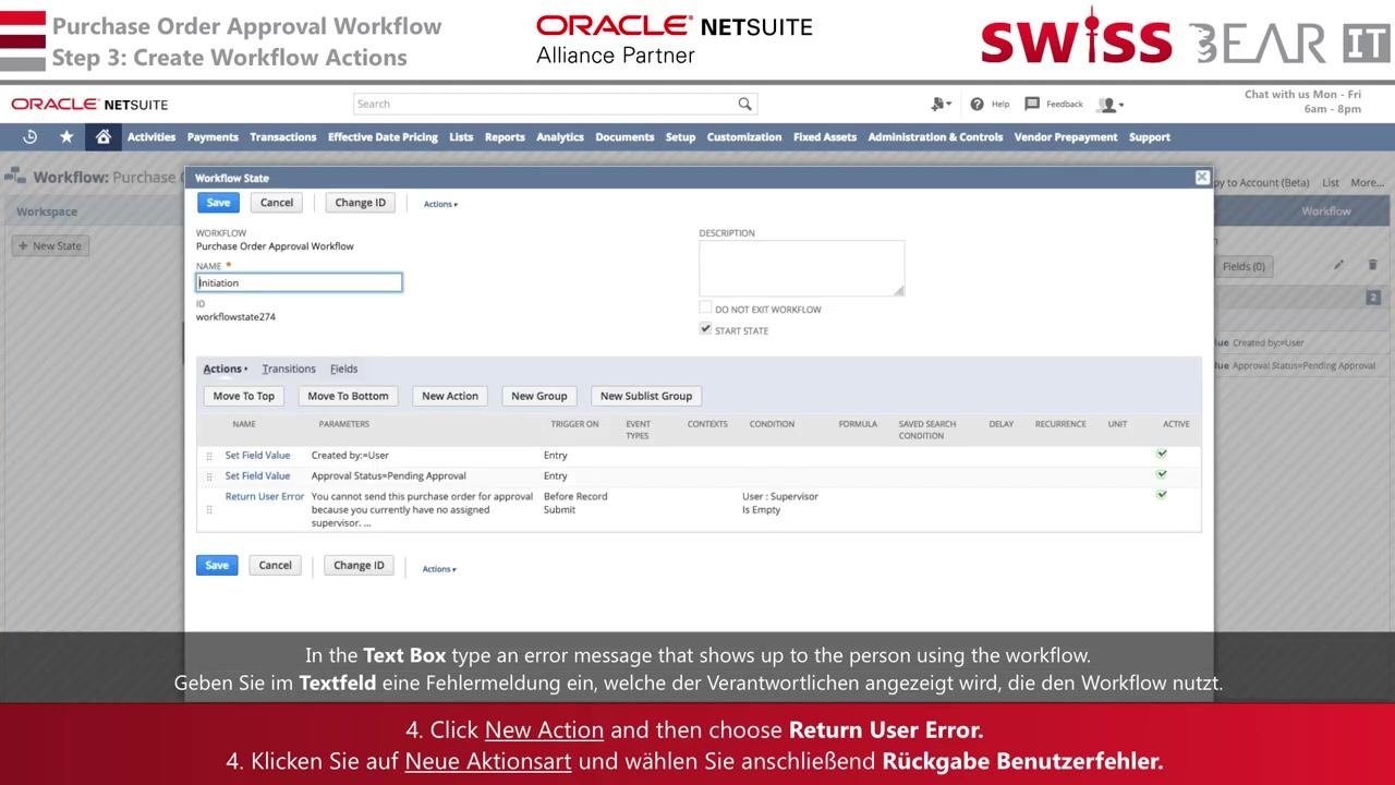 Workflow State window listing three actions so far: Set Field Value for Created By, Set Field Value for Approval Status, and Return User Error with the Supervisor Is Empty condition.