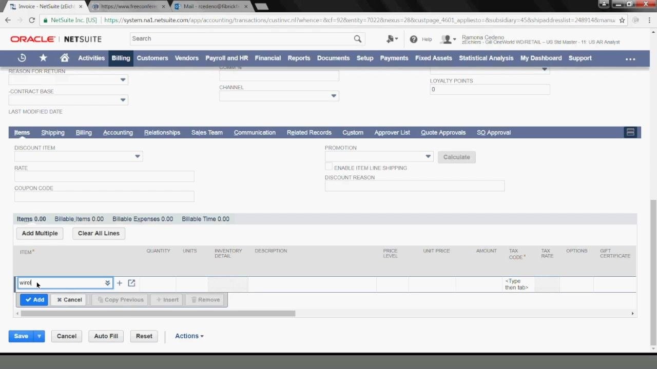 Cursor in the ITEM field with "wire" typed in, ready to select a product item.
