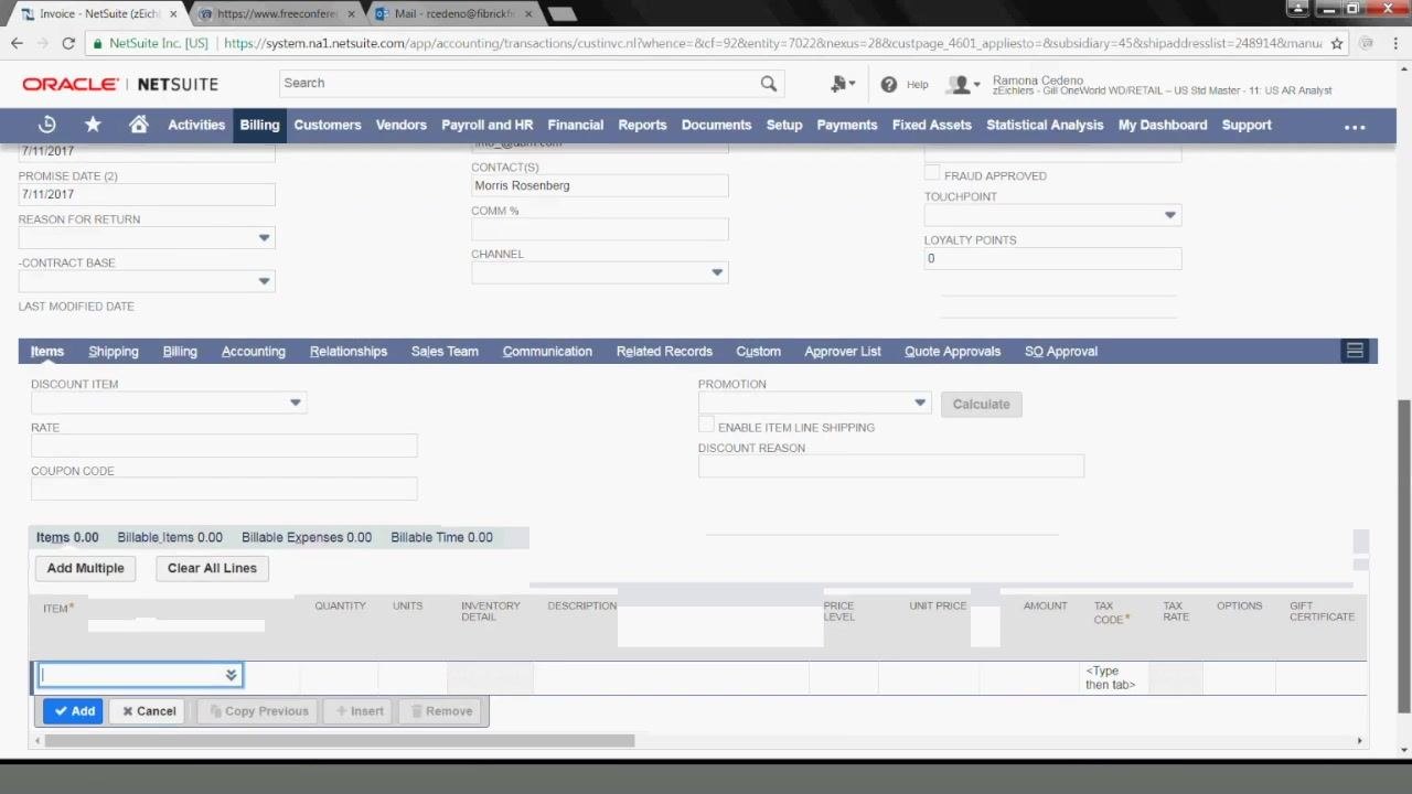 Items tab selected in the invoice entry form, showing Discount Item, Rate, Coupon Code, Promotion, and Discount Reason fields above the item entry grid.
