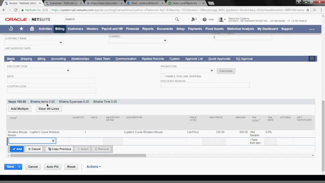 NetSuite invoice screen showing Billable Items, Billable Expenses, and Billable Time all set to 0.00.