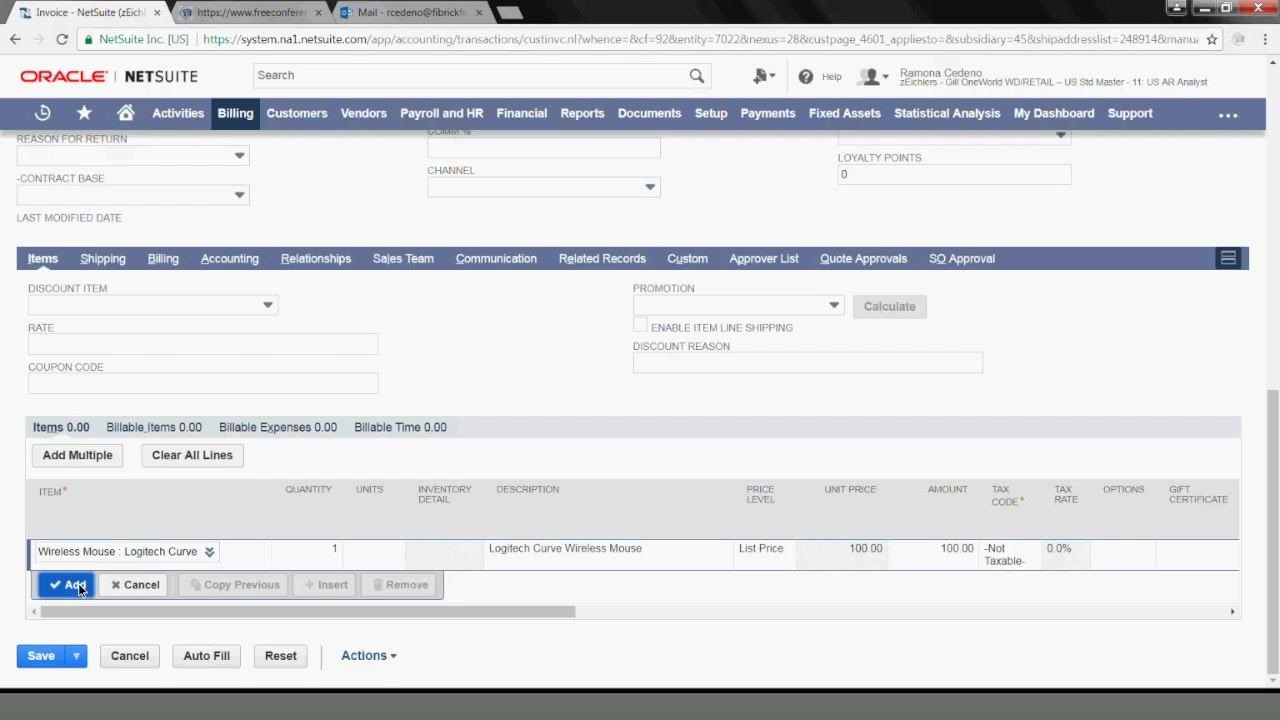 NetSuite invoice screen showing the item added to the summary section, with the Items total updated to 100.00.
