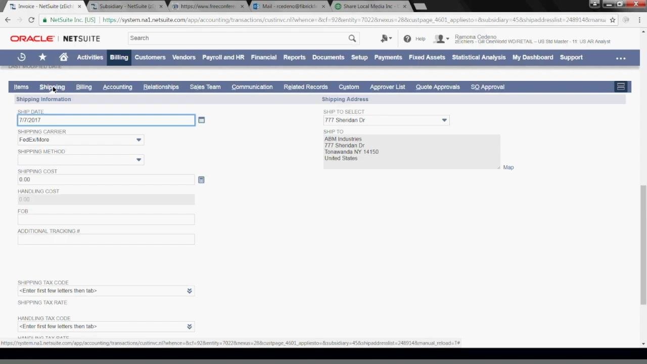 NetSuite Shipping tab with fields for Ship Date, Shipping Carrier set to FedExMore, Shipping Method, Shipping Cost, Handling Cost, FOB, Additional Tracking #, and the shipping address.