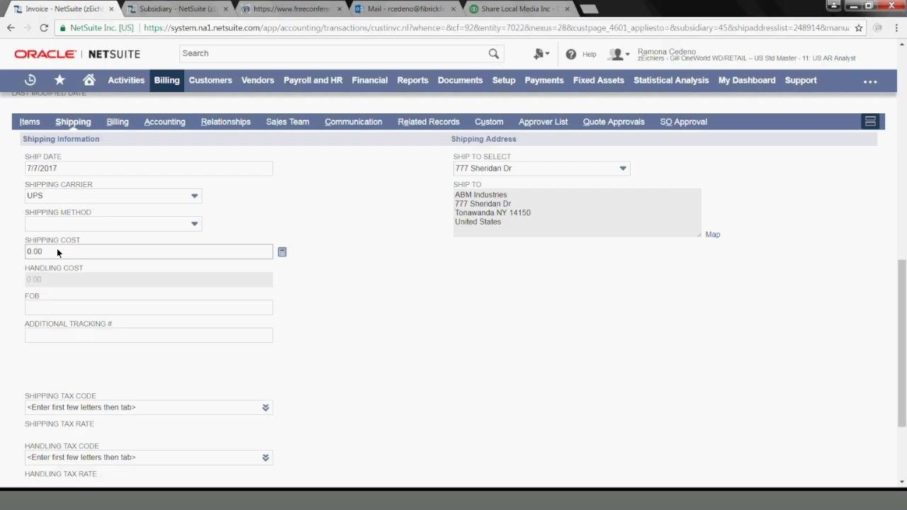 NetSuite Shipping tab with UPS selected as the carrier and the Shipping Cost field highlighted.