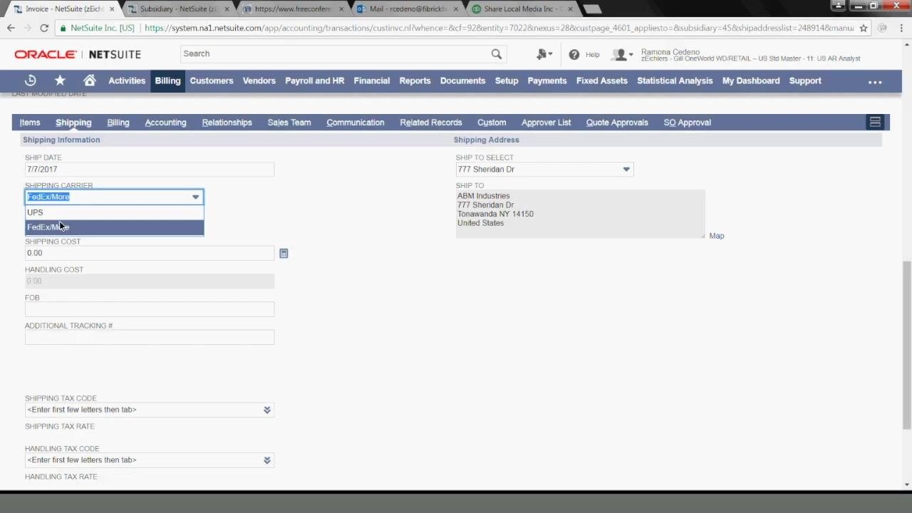 NetSuite Shipping tab with the Shipping Carrier dropdown expanded, showing the options UPS and FedExMore.