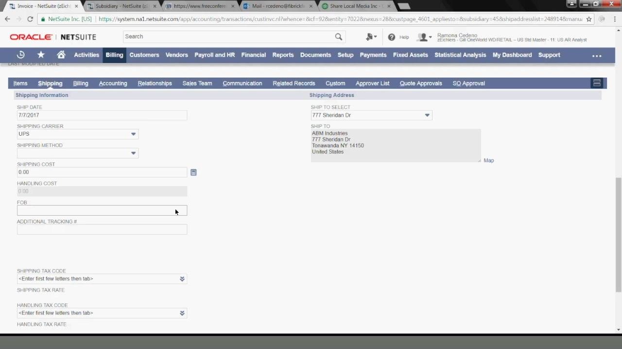 NetSuite Shipping tab showing the shipping fields and the shipping address for ABM Industries at 777 Sheridan Dr, Tonawanda NY 14150, United States.
