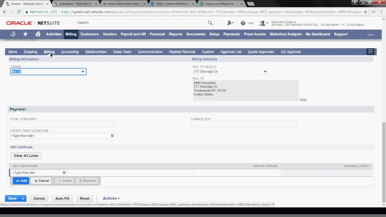 Dropdown menu under Ship to Select showing the options - New -, - Custom -, and 777 Sheridan Dr.