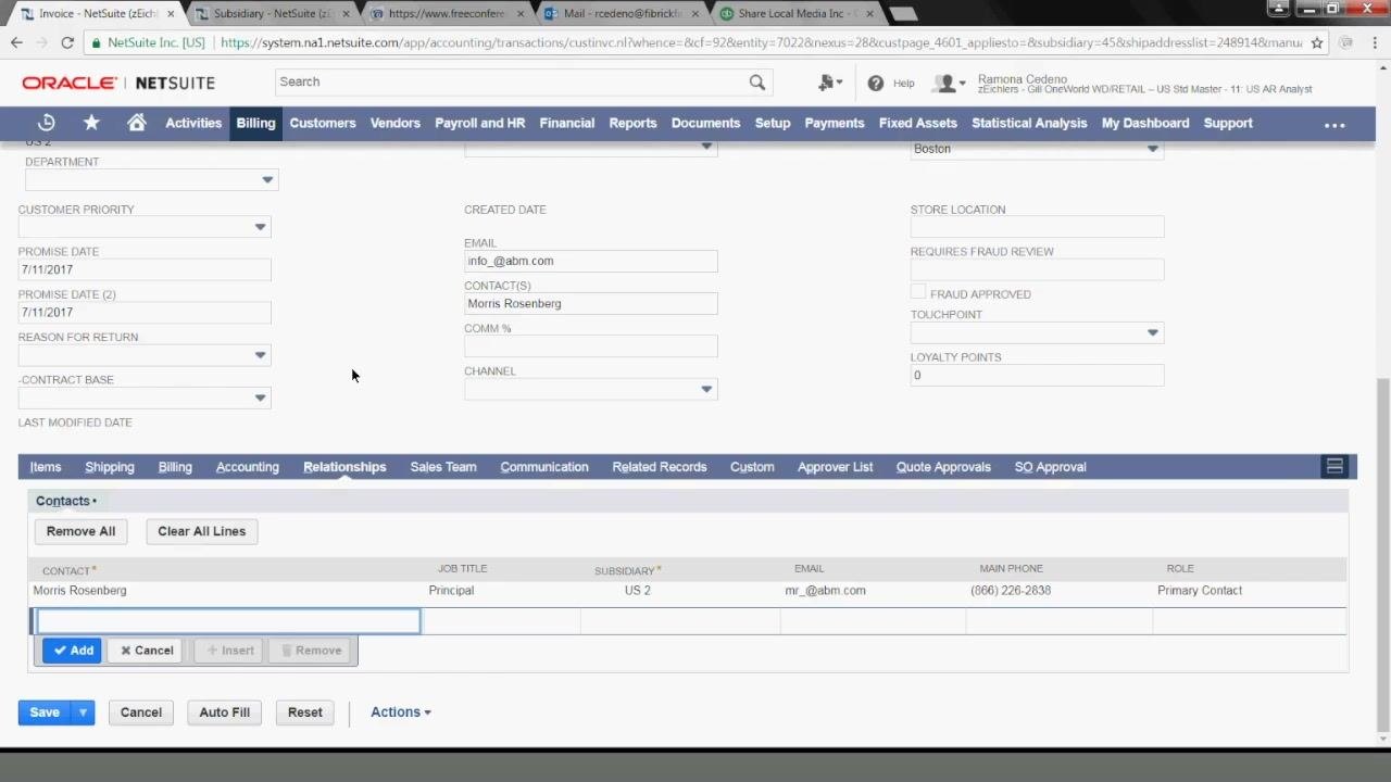 Accounting tab with Account set to 1100 Accounts Receivable, Currency set to USD, and gross profit fields visible.