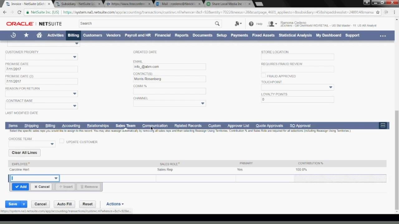 NetSuite Sales Team tab showing Caroline Hert listed as Sales Rep, Primary, with 100% contribution.