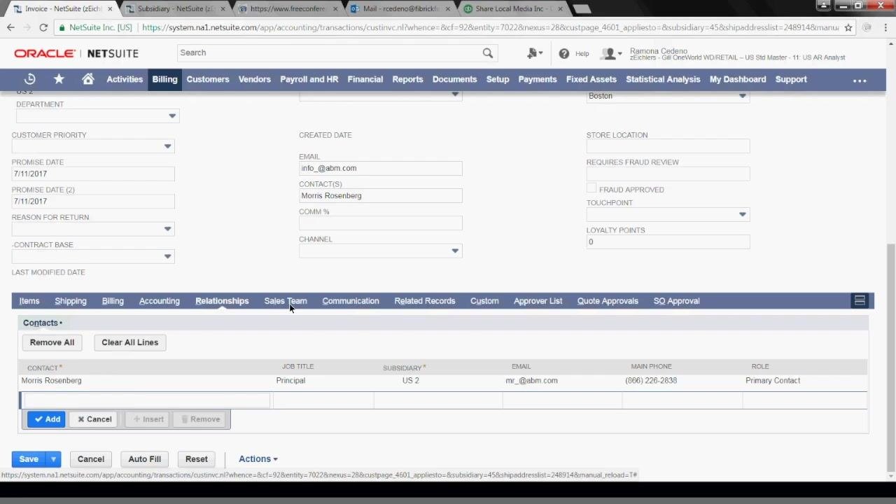 Communication tab with options to print, fax, or email the invoice, and a field for a custom customer message.