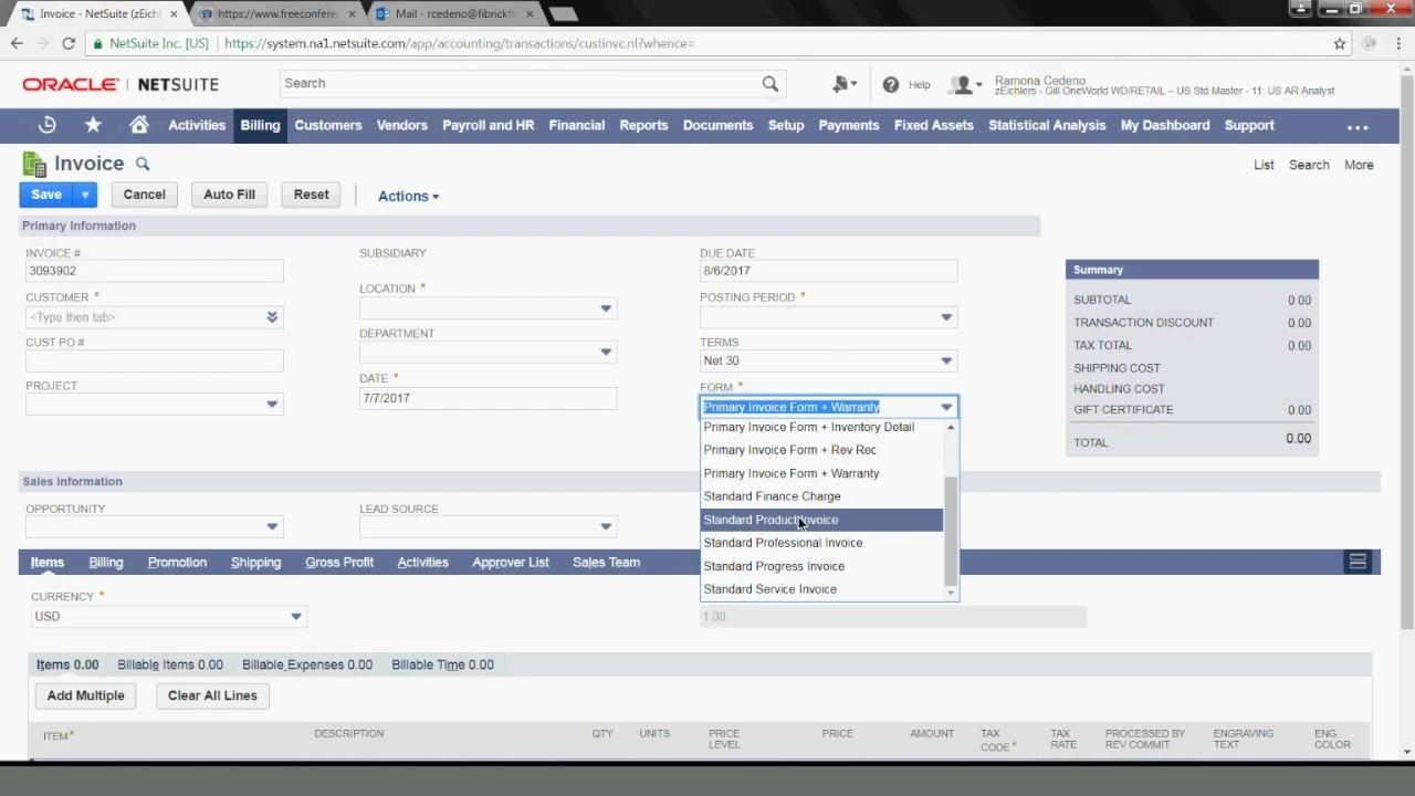 Invoice entry form with the Date field set to 7/7/2017 and the Posting Period set to Jul 2017, with Due Date, PO #, and Memo fields visible.
