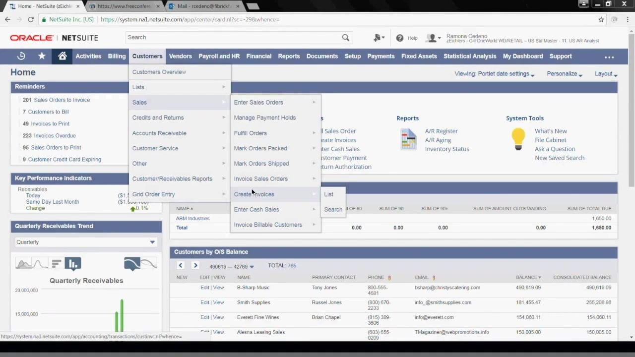 Invoice entry form with the Customer field dropdown open, showing "abm" typed in and "ABM Industries" selected, with the Invoice #, Date, and Posting Period fields visible nearby.