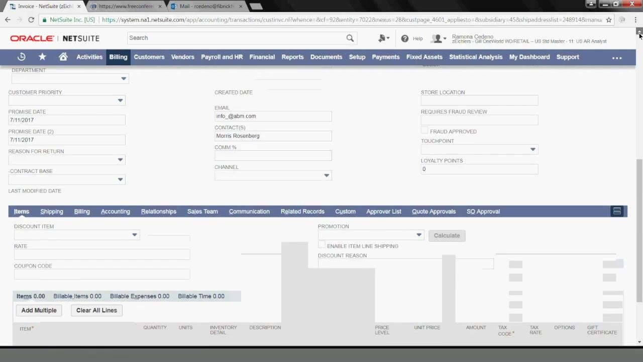 Lower section of the invoice entry form showing custom fields such as Store Location, Requires Fraud Review, Touchpoint, and Loyalty Points, with the Items tab visible below.