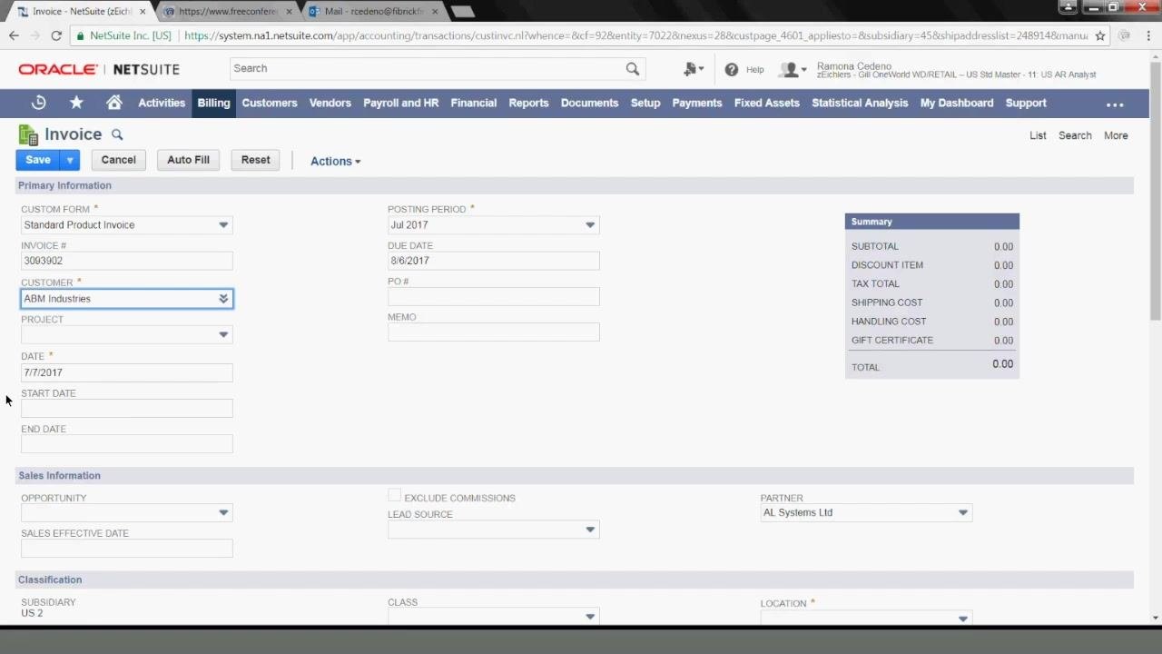 Invoice entry form showing the Project, Start Date, and End Date fields in the Primary Information section.