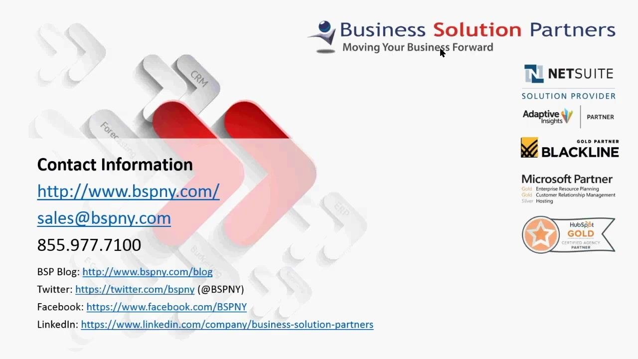 Contact information for Business Solution Partners, including website, email, phone, and social media links, with partner logos.