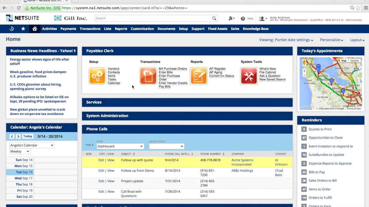 NetSuite dashboard with navigation bar and widgets for Payables Clerk, Business News, Calendar, Phone Calls, Reminders, and Today's Appointments