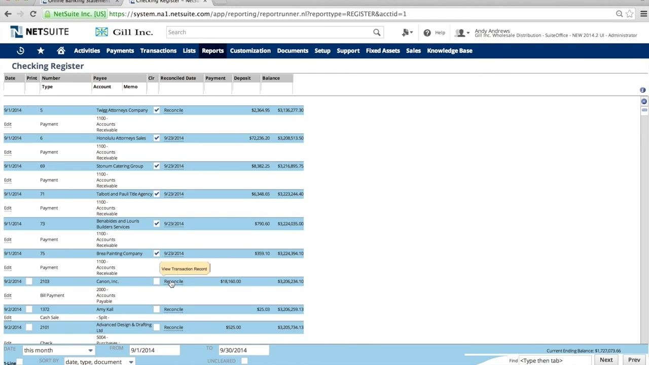 Check transaction detail page showing account, payee, amount, date, memo, and expense account