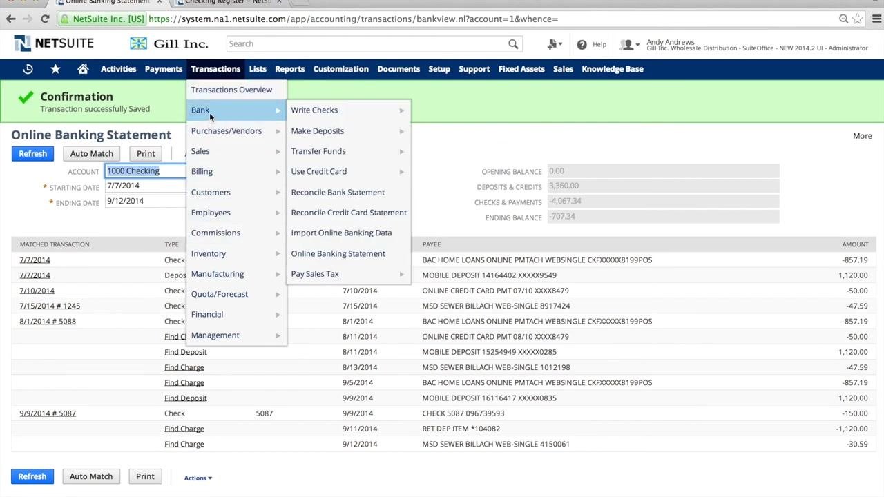 Actions dropdown open on the transaction detail page, with options for Show Activity, Go To Register, and GL Impact