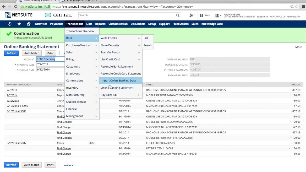 Reconcile Bank Statement page with the Mark All Cleared to Reconcile button and transaction list visible