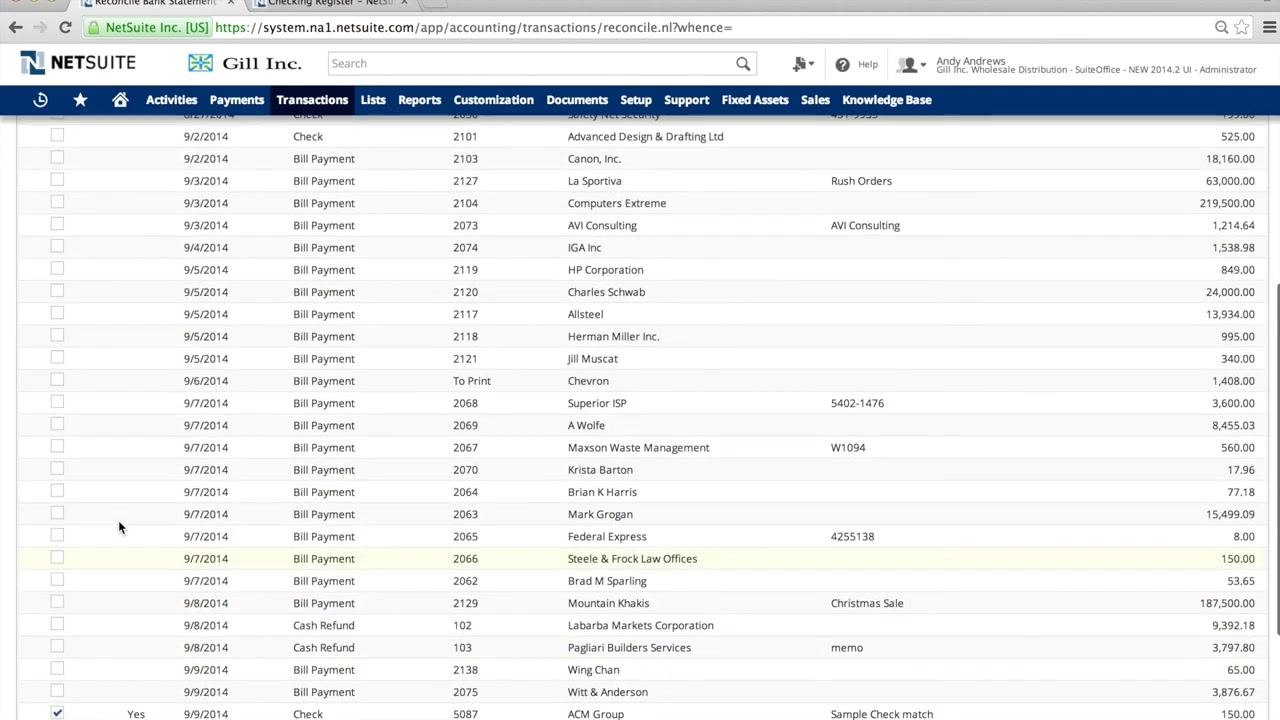 Reconcile Bank Statement page with the Save button highlighted, showing reconciled transactions