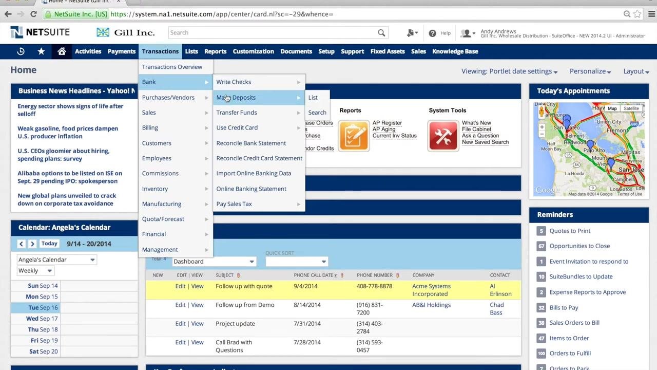 Transactions > Bank submenu expanded, showing banking options including Write Checks, Make Deposits, Transfer Funds, Use Credit Card, Reconcile Bank Statement, Reconcile Credit Card Statement, Import Online Banking Data, Online Banking Statement, and Pay Sales Tax