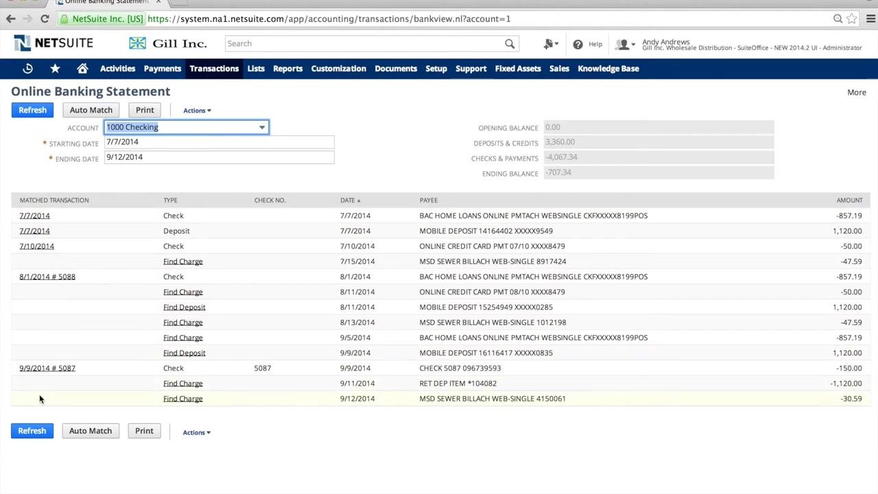 Online Banking Data Upload screen with quickenExport.QFX selected, Account set to 1000 Checking, and the Submit button highlighted
