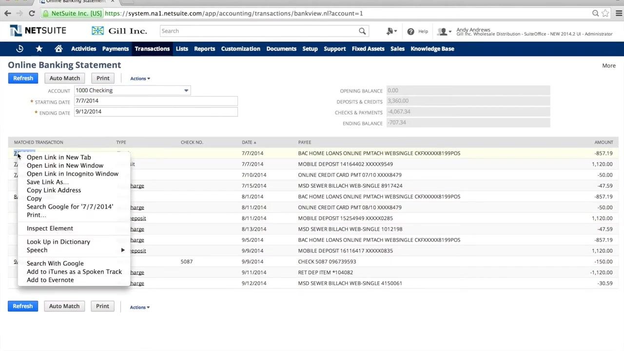 Right-click context menu on a transaction date link, with options to open in a new tab or window, copy link, and more